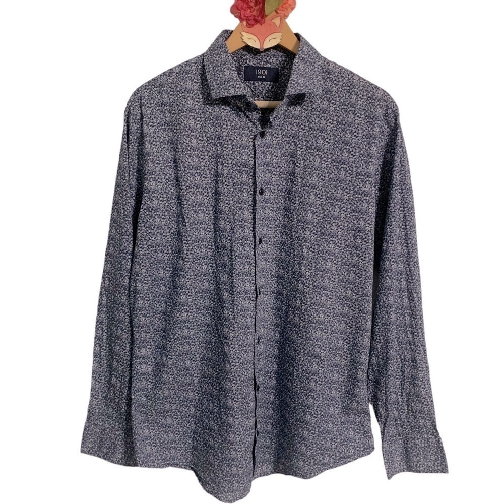 1901 navy micro floral spread collar long sleeve trim fit dress shirt 16.5” neck